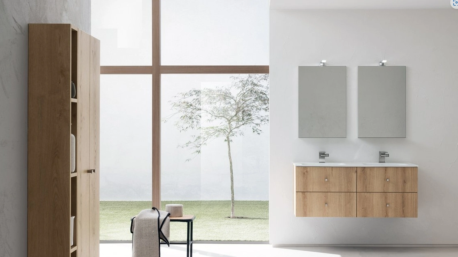 Mobile da Bagno sospeso in nobilitato effetto legno con doppia vasca in ceramica B201 BD024 di Compab