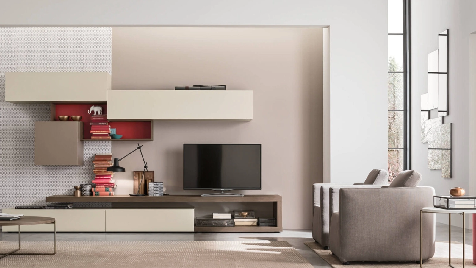 Parete Attrezzata Unix Comp SU2110 in essenza Olmo Tabacco e laccato Cashmere di Maronese