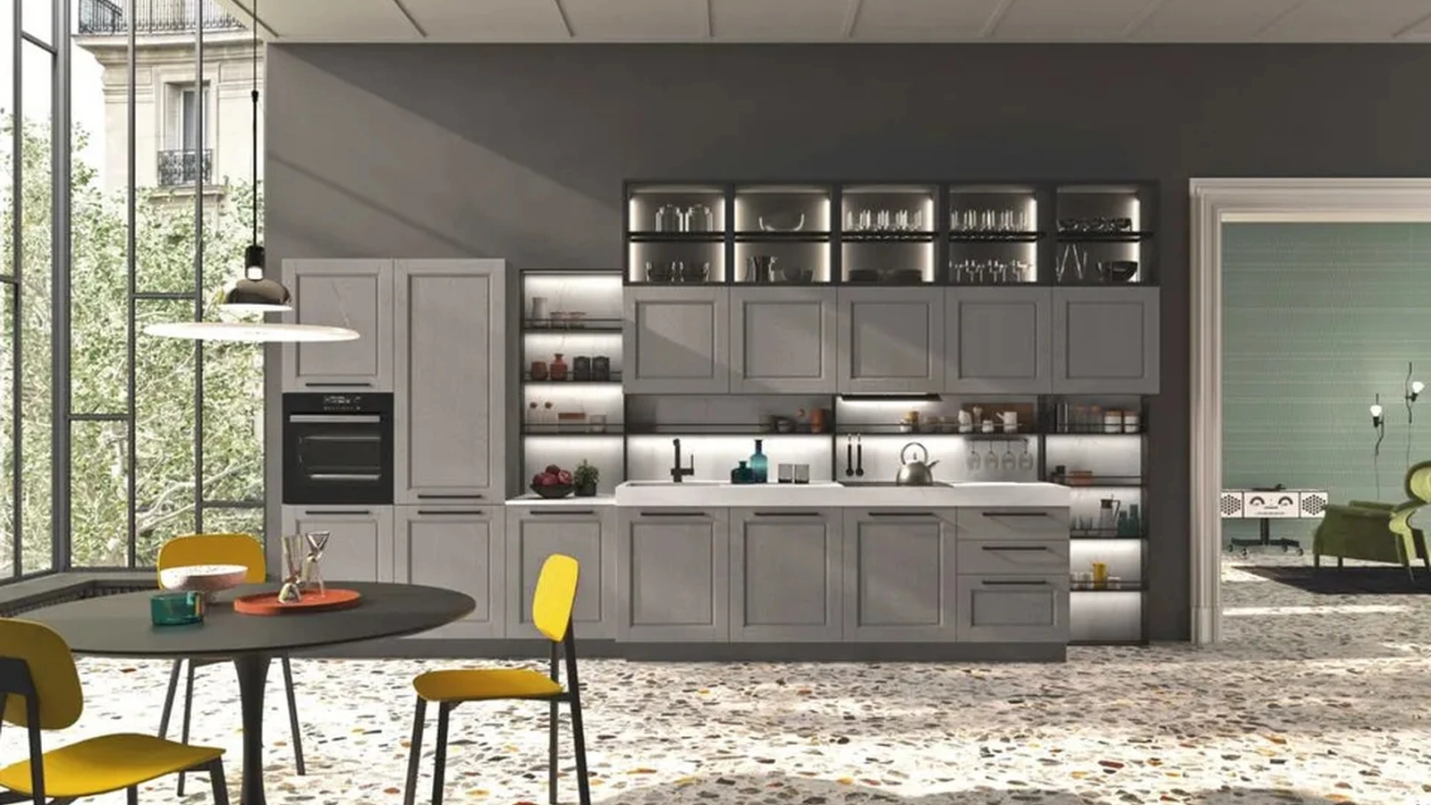 Cucina Moderna lineare in legno laccato platino e top in HPL Cloe 02 di Ar-Tre